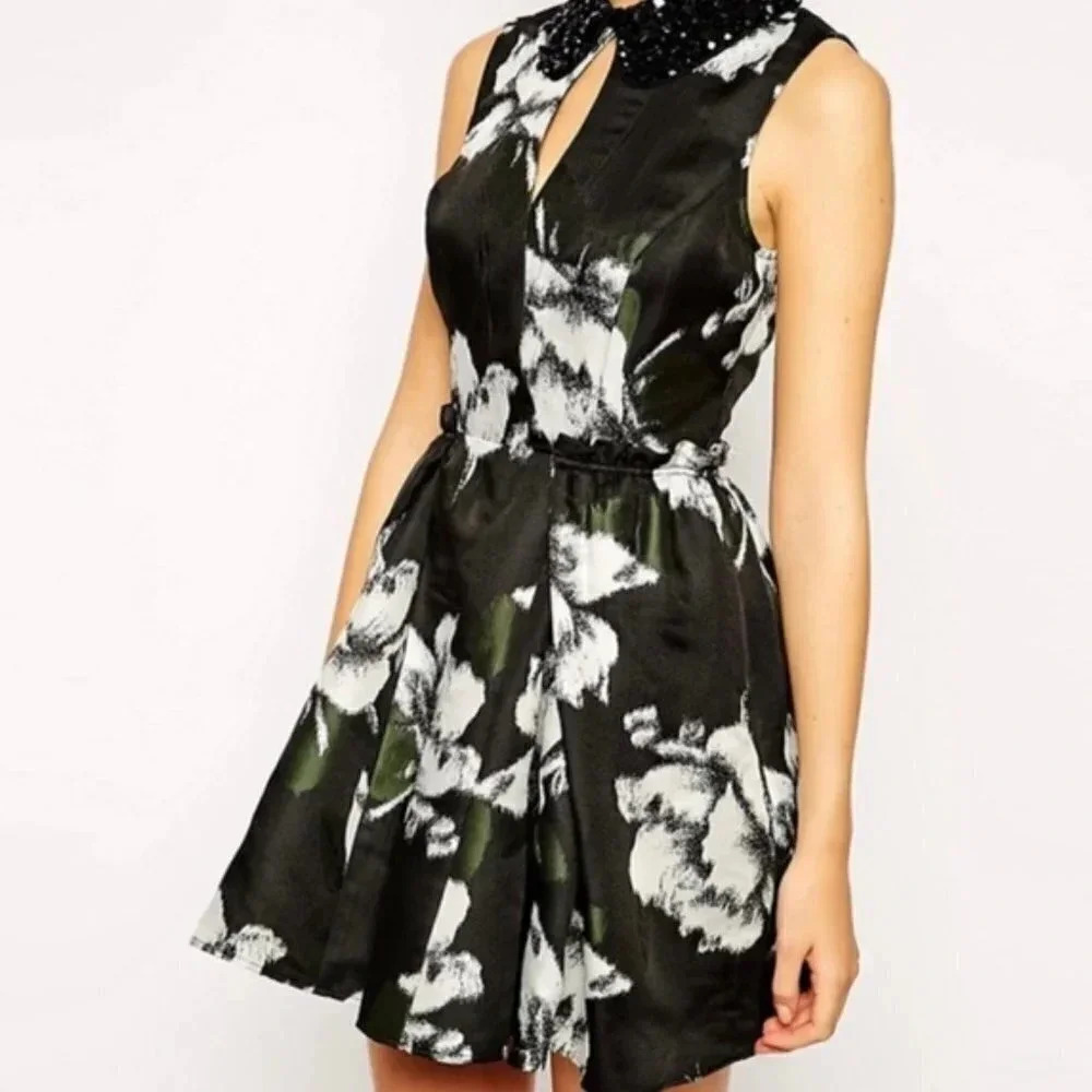 Asos Sleeveless Jewelled Collar  Floral Fit And Flare Dress